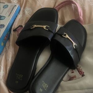 Time and Tru Black Sandals with Gold Accent